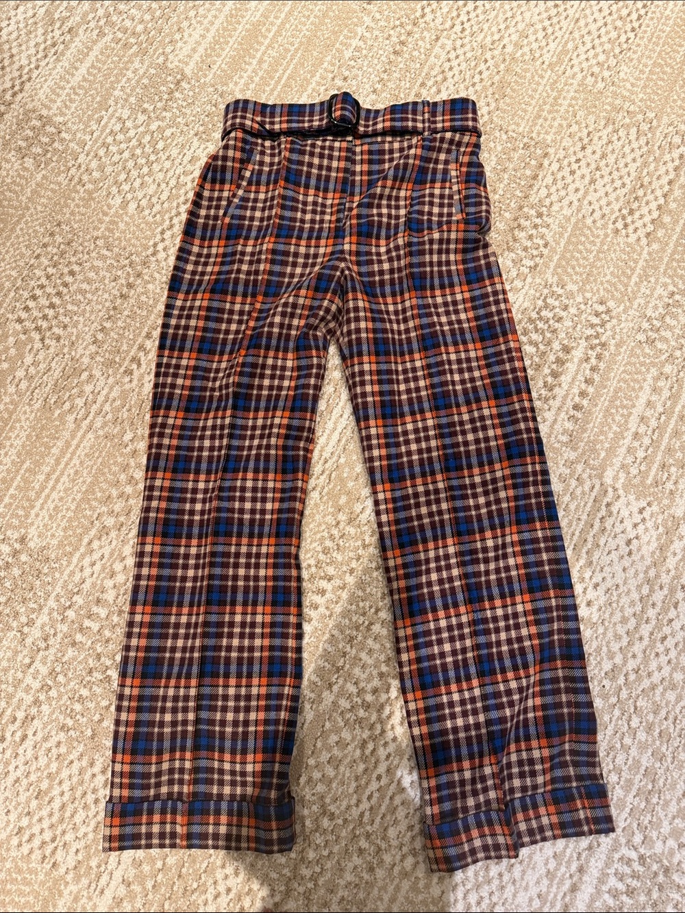 Sezane Plaid Boot-Cut Pants - Navy, Orange & Cream